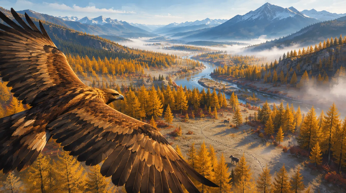 Brightjess melayang tinggi di atas Larch Valley yang kuning, sungai berliku dan serigala kecil di bawah